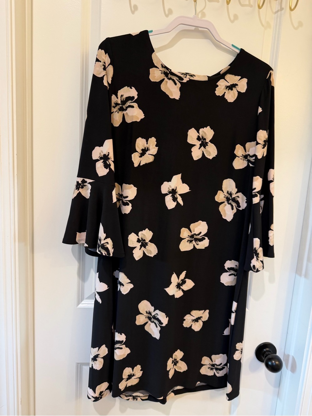 Black Floral Shift Dress with Blush Pink Blooms